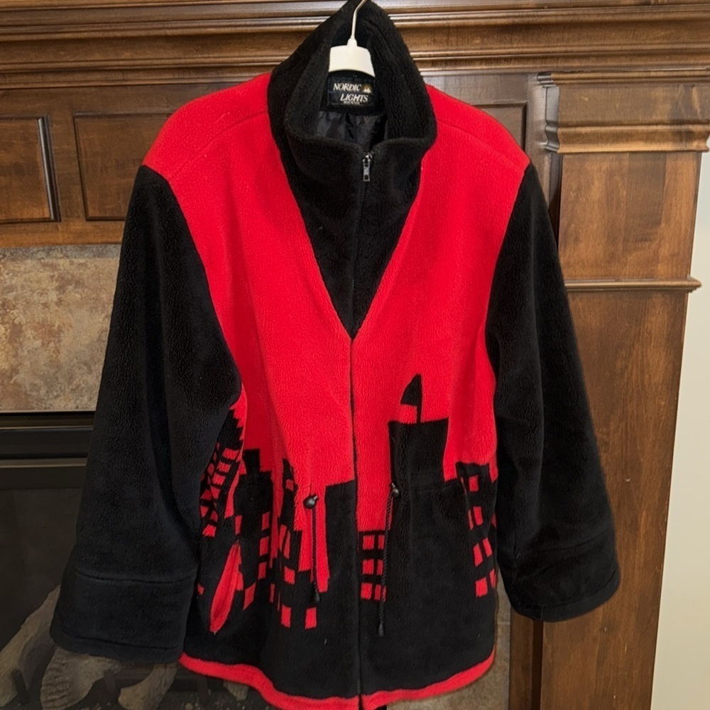 Vintage red and black fleece full zip jacket statement unique city line 80s XL